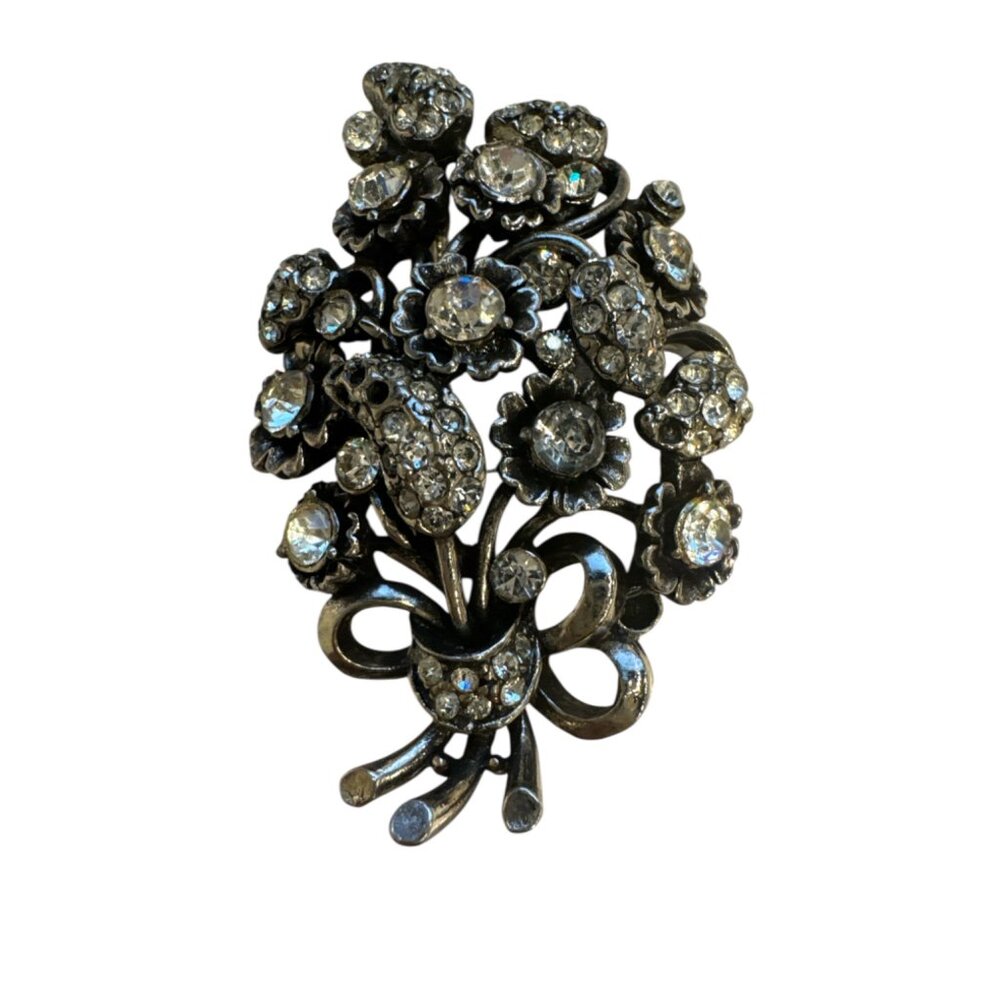 Vintage Hollycraft Rhinestone Floral Bouquet Brooch Pin Silver Tone Circa 1953